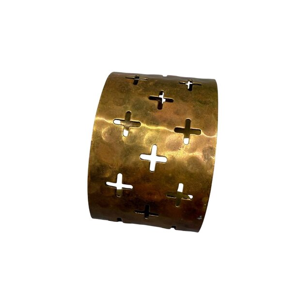 Vintage Open Work Crosses Wide Cuff Bangle Bracelet Brass Tone Boho Timeless - Picture 3 of 4